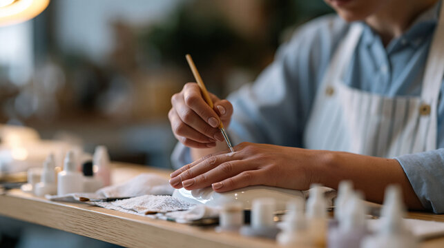 Licensed nail technician at a busy urban salon carefully brushes gel top coat onto a client's extended hand under a curing lamp, small brushes and acetone bottles organized across the workstation, t
