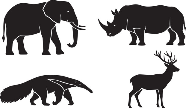 Wild animals silhouette vector collection featuring detailed elephant rhinoceros deer and giant anteater icons for laser cutting CNC plasma engraving