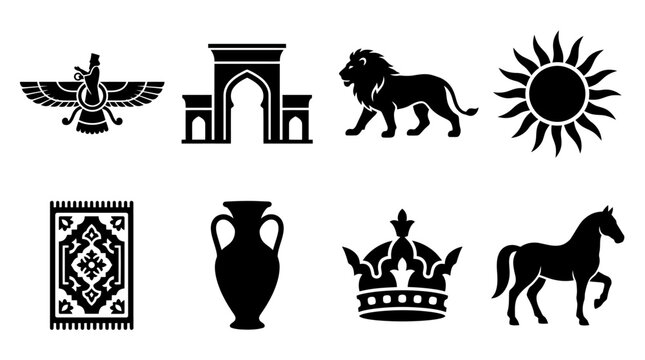 Persian Heritage Vector Icons Set &mdash; Faravahar Symbol, Ancient Gate, Lion, Sun, Carpet, Vase, Crown, and Horse Silhouette Vector Illustration Representing Iranian Art and Culture