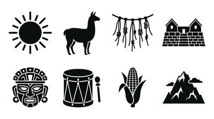 Obraz premium Andean Culture Vector Icons Set — Llama, Sun Symbol, Inca Temple, Corn, Drum, Tribal Mask, Mountain Range, and Traditional Ornament Silhouette Vector Illustration