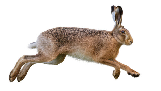 Brown hare running at full speed, isolated on transparent background