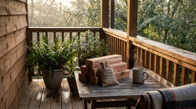 Aromatic Cedar Wood Blocks and Sachet on a Rustic Outdoor Table with Morning Mist