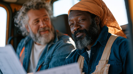 Fototapeta premium Father and son in work uniforms sitting together in a truck cab reviewing a printed monthly budget spreadsheet during a lunch break, generational wealth aspirations, blue-collar family finance, inte