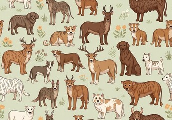 Fototapeta premium Seamless pattern of diverse animal breeds and plants.