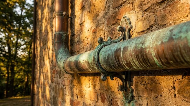 Weathered copper downspout with striking green patina aged against a textured brick wall exterior