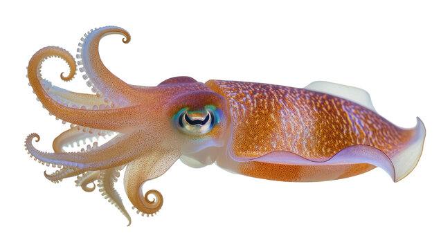 Orange and purple cuttlefish with patterned mantle, isolated on transparent background