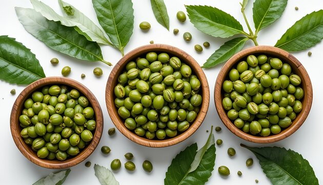 Top view of raw green coffee beans in wooden bowls with fresh leaves, isolated on white background, natural organic ingredient, detailed texture, rustic food photography