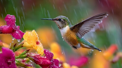 Fototapeta premium Vibrant Hummingbird Hovering Near Tropical Flowers