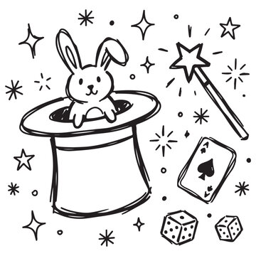 Magic show doodle vector with rabbit in top hat magic wand playing card and dice for performance and entertainment themes