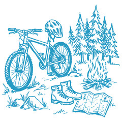 Outdoor adventure vector illustration with mountain bike helmet hiking boots campfire and map for camping and travel themes © Zulfa