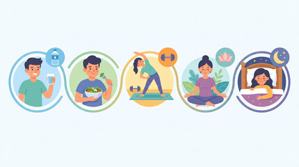 Fototapeta premium People demonstrate a healthy daily routine including drinking water, eating salad, exercising, and sleeping.