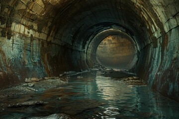 Naklejka premium Stream flowing in decaying round sewer tunnel with light at end