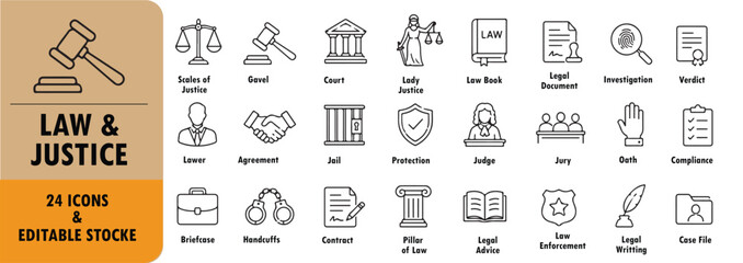 Naklejka premium A set of 24 law & justice line icons