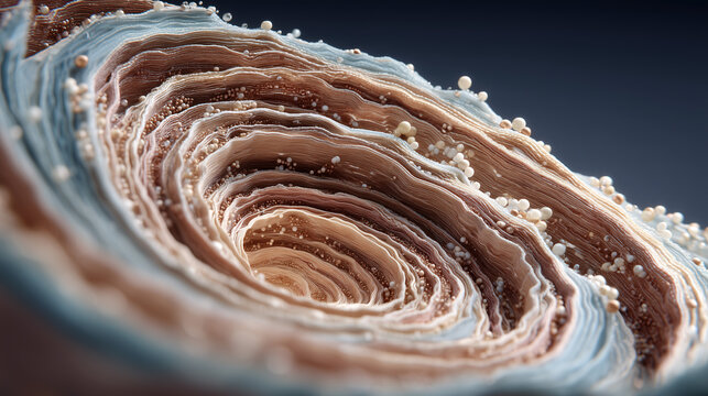 Close-up of a seashell with intricate layered patterns and tiny bubbles on a dark background