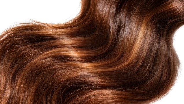 Wavy auburn human hair strands with golden highlights, isolated on transparent background