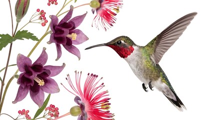 Fototapeta premium Realistic hummingbird with flower composition With shadow cut out isolated on white background. AI GENERATED. 