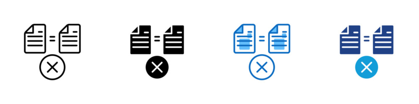 Document Plagiarism Multiple Style Icon Design Vector - Two documents with cross mark representing content mismatch, file comparison, and compliance rejection