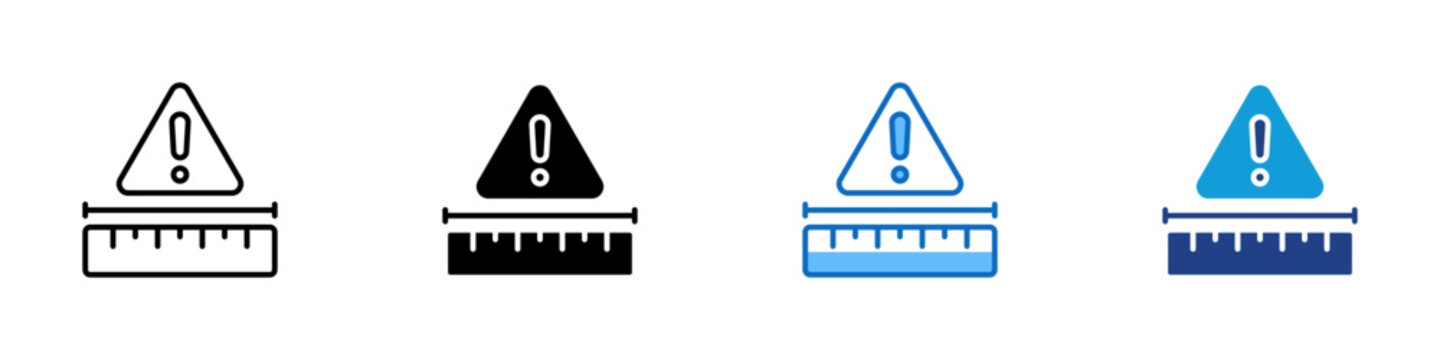 Measurement Warning Multiple Style Icon Design Vector - Warning sign above ruler representing measurement error, tolerance risk, and quality inspection