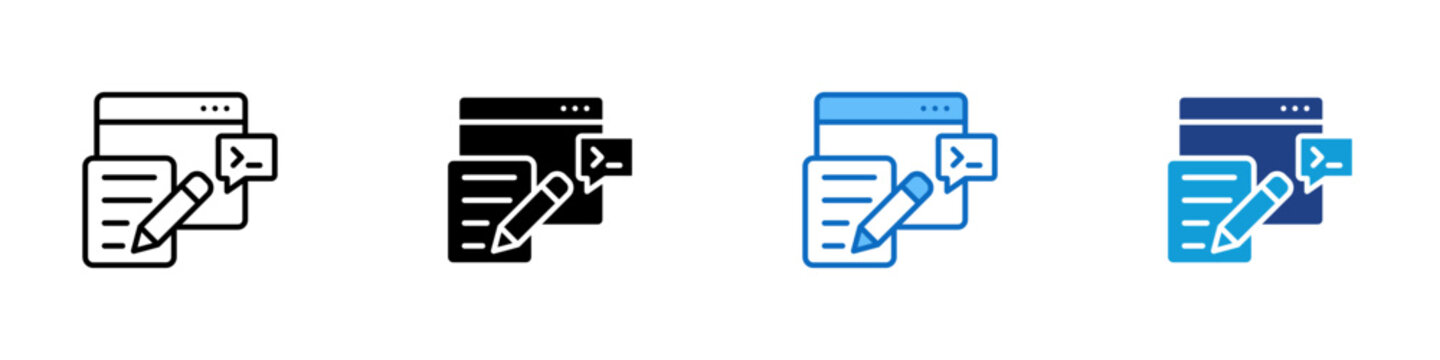 Technical Writing Multiple Style Icon Design Vector - Browser with document, pencil, and code bubble representing technical writing, developer documentation, and web content editing