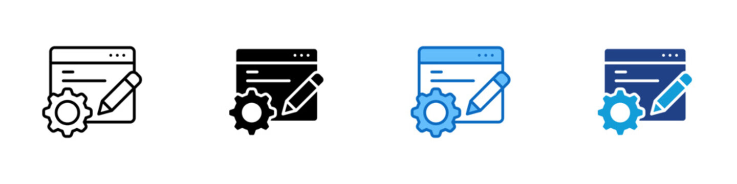 Website Editing Multiple Style Icon Design Vector - Browser with gear and pencil representing website editing, content customization, and digital workflow management