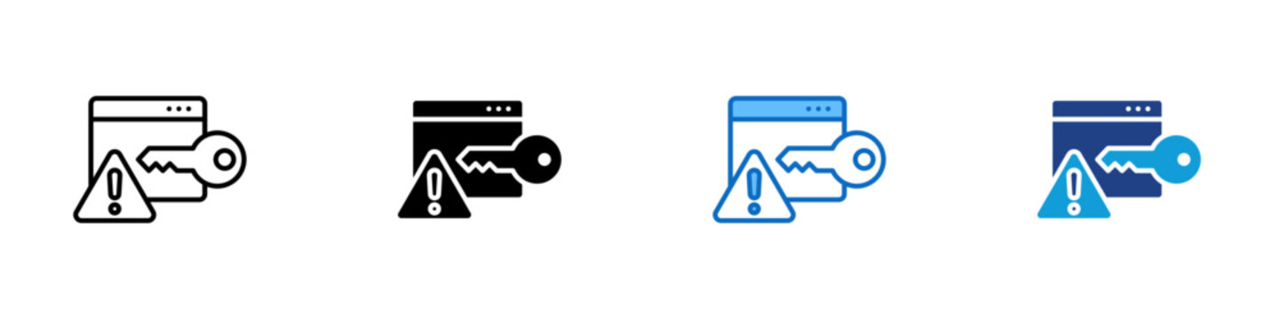 Access Warning Multiple Style Icon Design Vector - Browser window with warning sign and key representing access risk, security alert, and credential protection