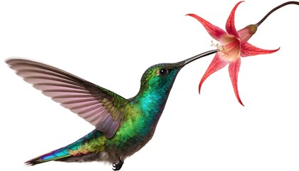 Obraz premium Iridescent feather hummingbird near flower isolated on transparent background. AI GENERATED.