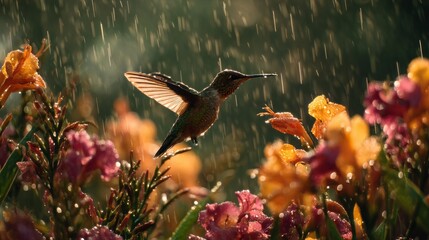 Fototapeta premium Vibrant Hummingbird in Tropical Rain