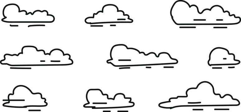 A clean set of vector cloud icons featuring simple black outlines ideal for weather apps web UI design or creative digital illustrations.