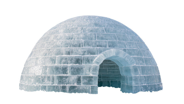 Traditional igloo made of ice blocks with arched entrance, isolated on transparent background