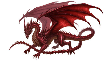Majestic red dragon with large wings detailed scales, isolated on transparent background