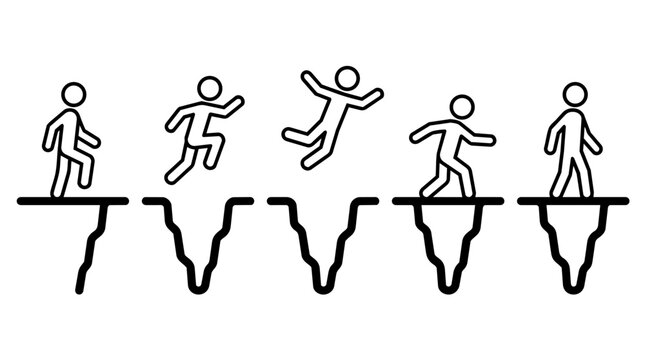 Stick figure jumping over ground crack loophole risk overcoming concept line art