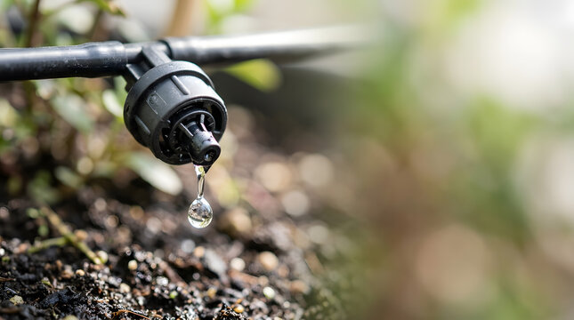 Drip irrigation system emitter with a falling water droplet over fertile soil in a garden, focusing on efficient water conservation technology.