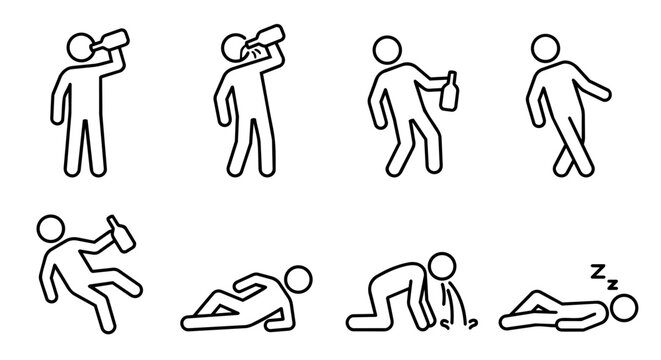 Drunk man stick figure drinking alcohol bottle vomiting and hangover icons set