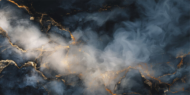 Thick smoke and burning flames rise from a dangerous forest fire under a dark stormy sky filled with abstract clouds, mist, and steam
