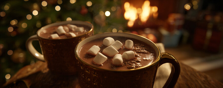 Steaming cocoa surface with marshmallows sinking, glowing Christmas tree reflections in firelight 32k ultra HD