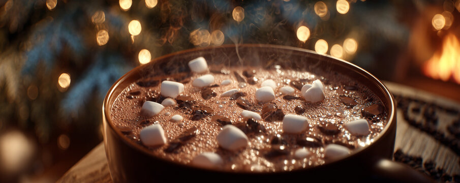 Steaming cocoa surface with marshmallows sinking, glowing Christmas tree reflections in firelight 32k ultra HD