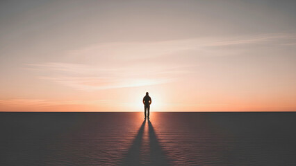 Fototapeta premium A solitary figure stands silhouetted against a breathtaking sunset, casting a long shadow across the vast, empty landscape