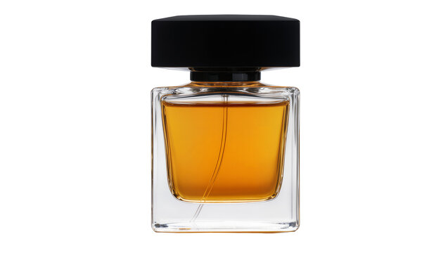 Rectangular glass perfume bottle with amber liquid and black cap, isolated on transparent background