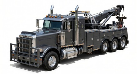 Obraz premium Heavy-duty dark grey tow truck with chrome details and an extended boom on a white background.