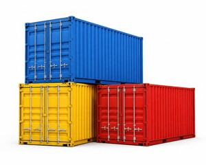 Fototapeta premium Stack of three colorful shipping containers in red, yellow, and blue, isolated on white background.