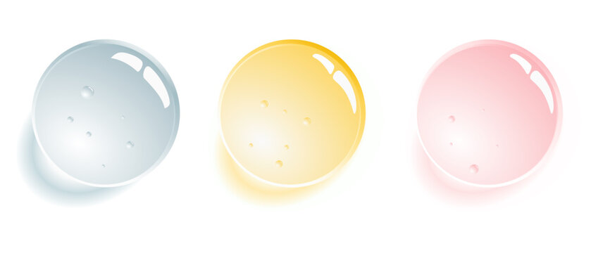 Three water drops with bubbles. Texture of liquid, serum, gel, or collagen droplets. Vector illustration.