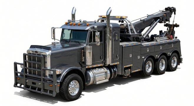 Heavy-duty dark grey tow truck with chrome details and an extended boom on a white background.
