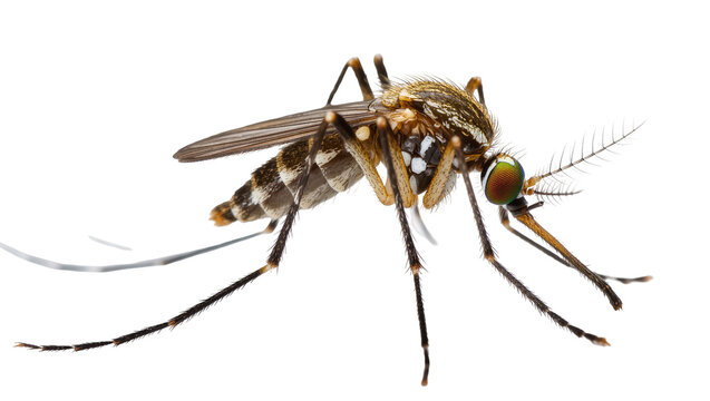 Detailed mosquito insect with striped body and green eyes, isolated on transparent background