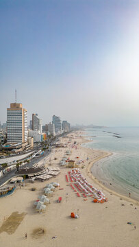aerial drone view of frishman beach and sheraton hotel in tel aviv israel