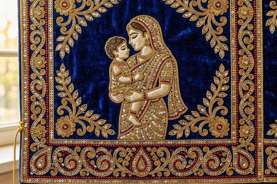 Traditional Indian Zardozi Embroidery of Mother and Child on Blue Velvet
