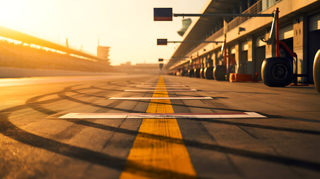 Sunrise view of professional racing circuit pit lane and track