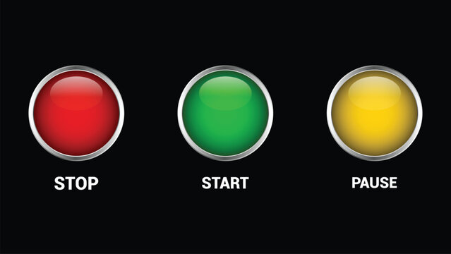 Set of three glossy control buttons with stop start and pause