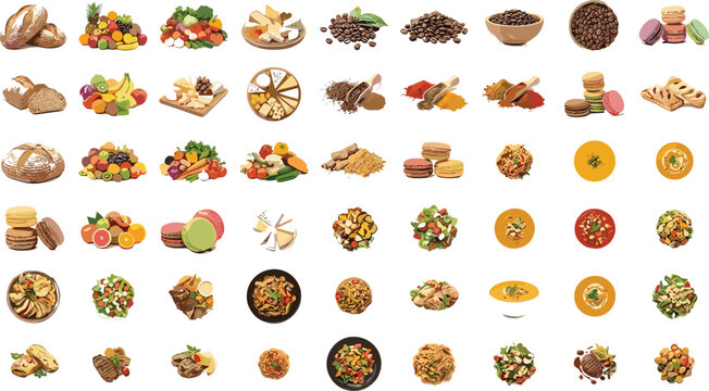 Large variety grid collection of assorted food items including artisan bread fresh salad coffee beans spices macarons and bowls of soup isolated on white background