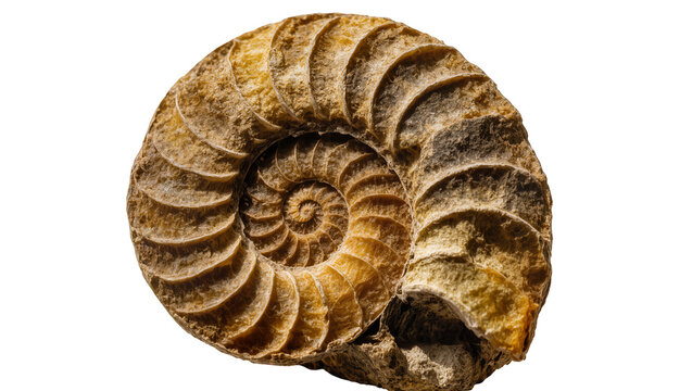 Brown ammonite fossil shell with spiral pattern, isolated on transparent background