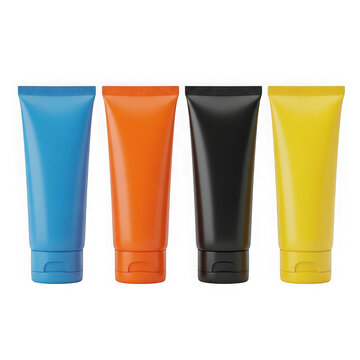 Four colorful toothpaste tubes standing in a row isolated on transparent background